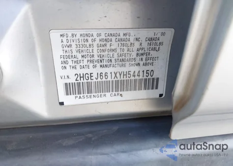 2000 Honda Civic Value Package z USA, uszkodzony, nr VIN 2HGEJ661XYH544150